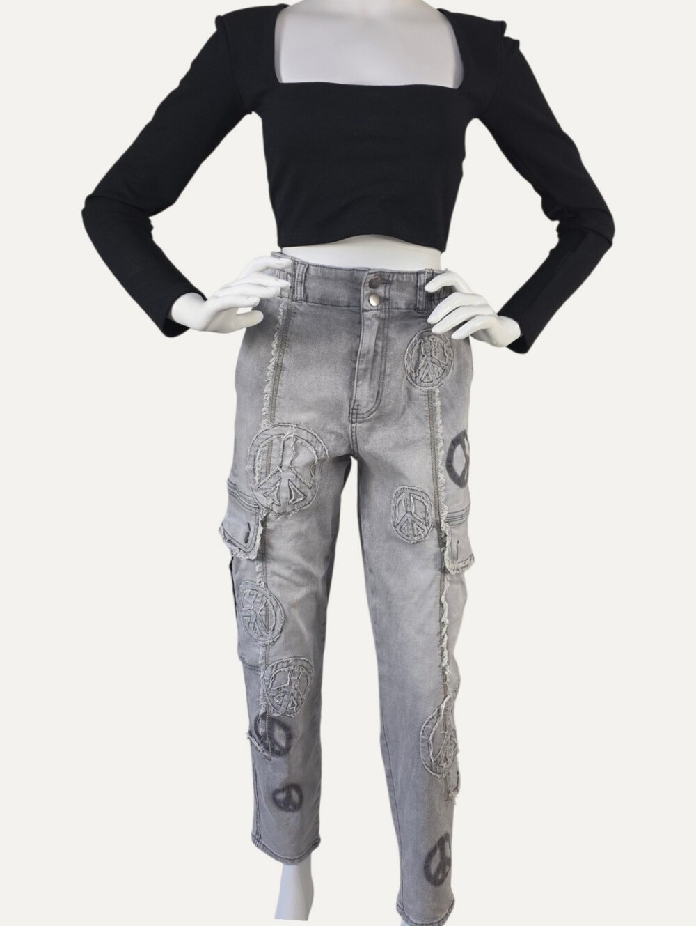 OH Jeans Oli & Hali Peace Sign Gray Cargo Jeans Small Distressed Patch